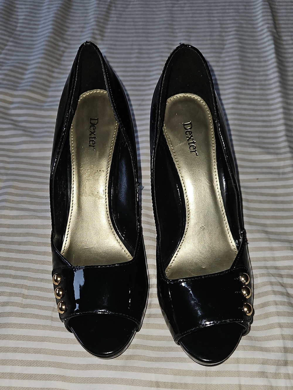 Dexter Black Patent Peep-Toe Heels with Gold Studs